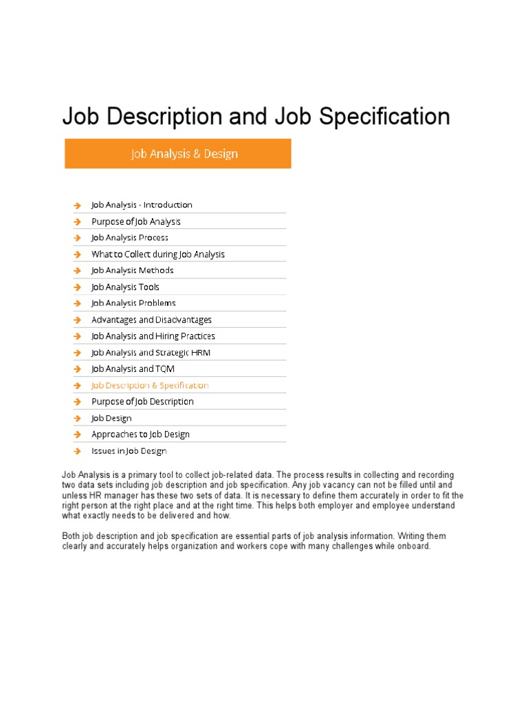 Contents of job description and job specification