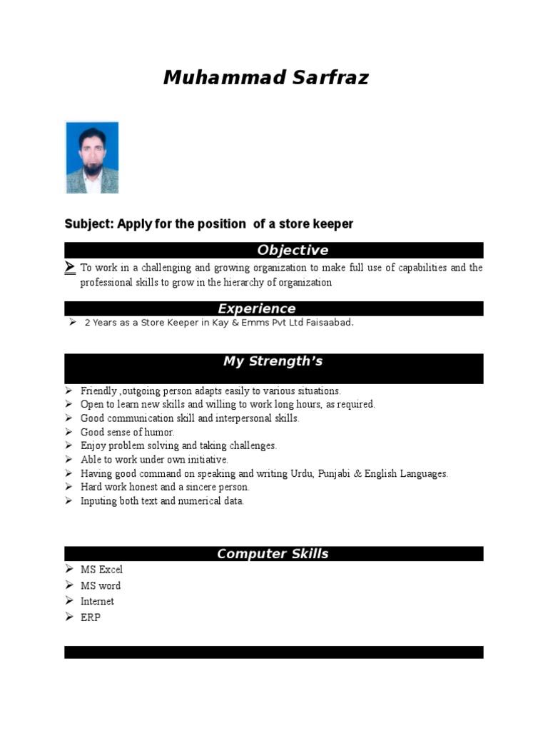 Store Keeper CV of Muhammad Sarfraz | PDF | Business | Computing And ...