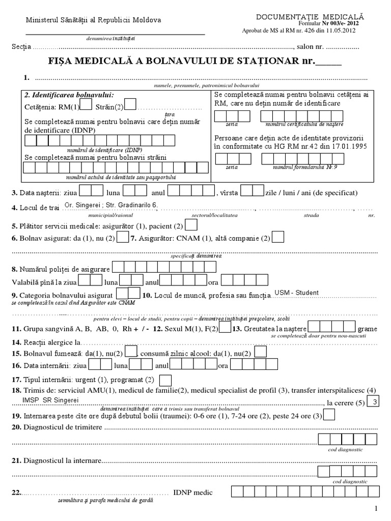 Formular 003e-2012. Fişa Medicală A Bolnavului de Staţionar | PDF