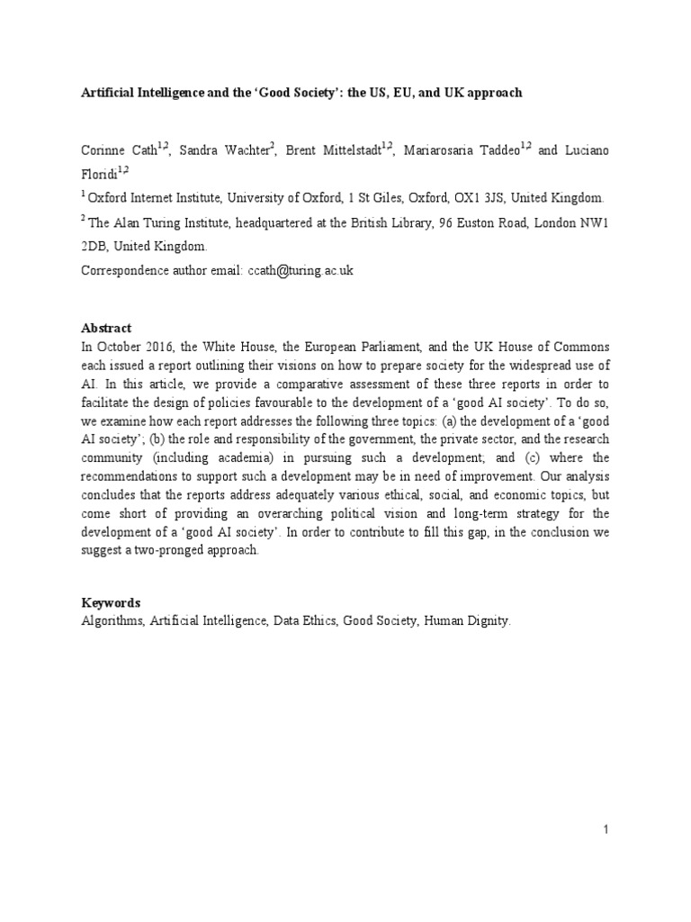 Artificial Intelligence and The Good Society': The US, EU, and UK ...