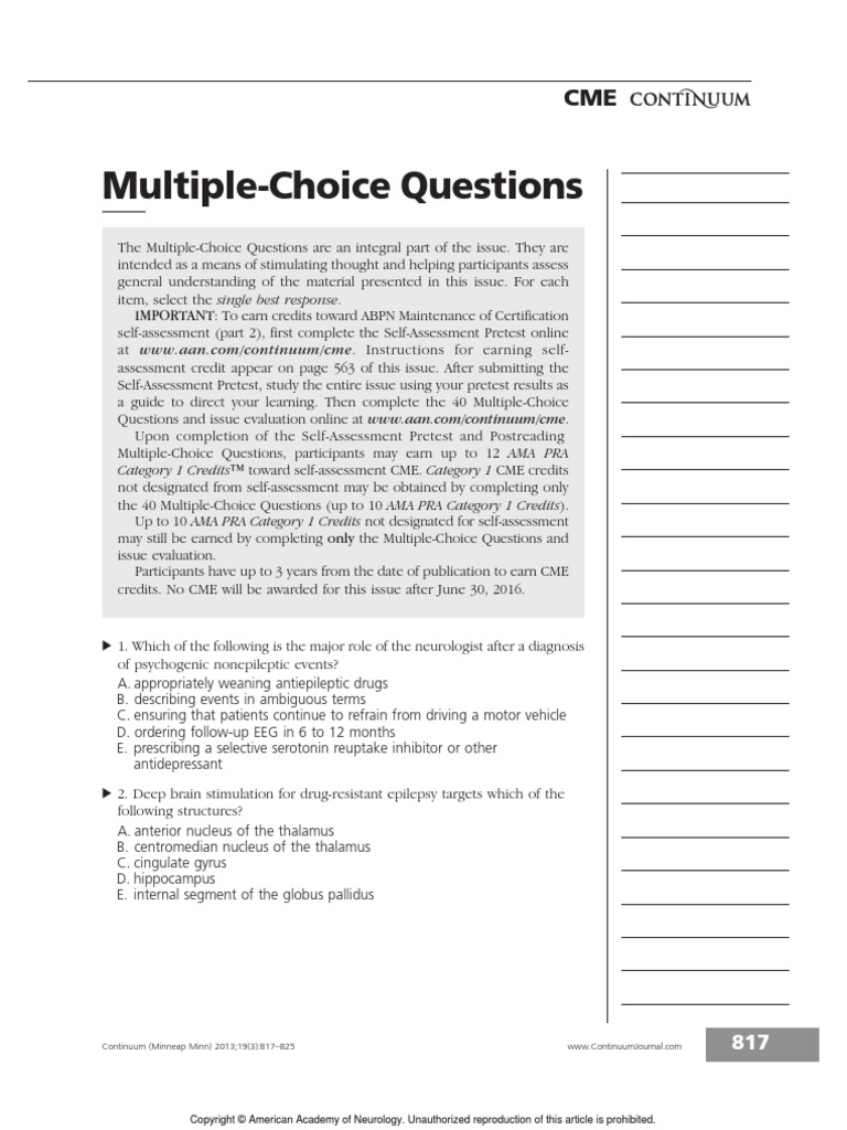 Multiple-Choice Questions: I Toward Self-Assessment CME. Category 1 CME ...