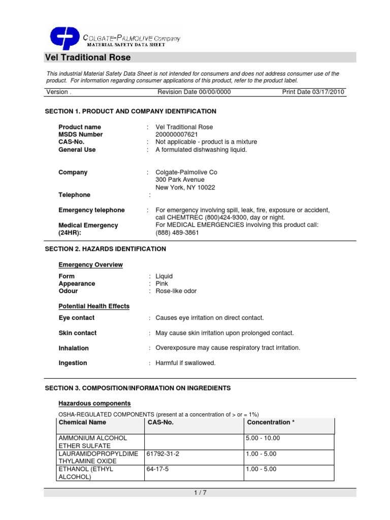 ColgateSite Media MSDS Vel Traditional Rose Ethanol Occupational