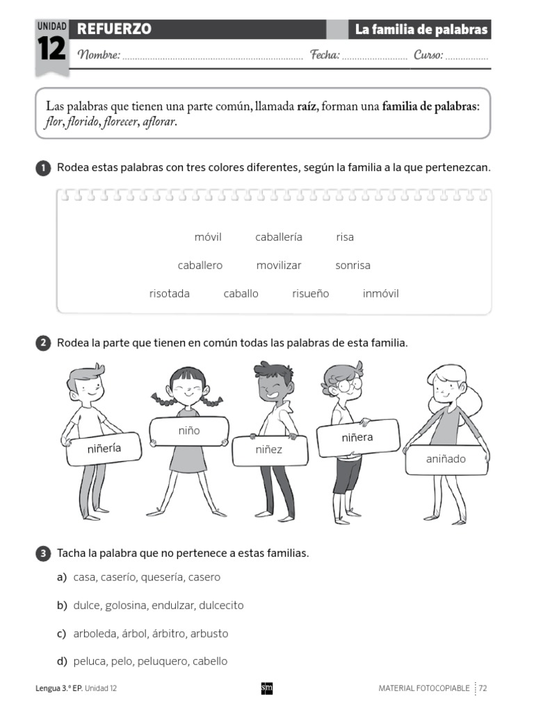 Unidad 12 Refuerzo - Lengua 3 Primaria SM | PDF | Plural | Sustantivo