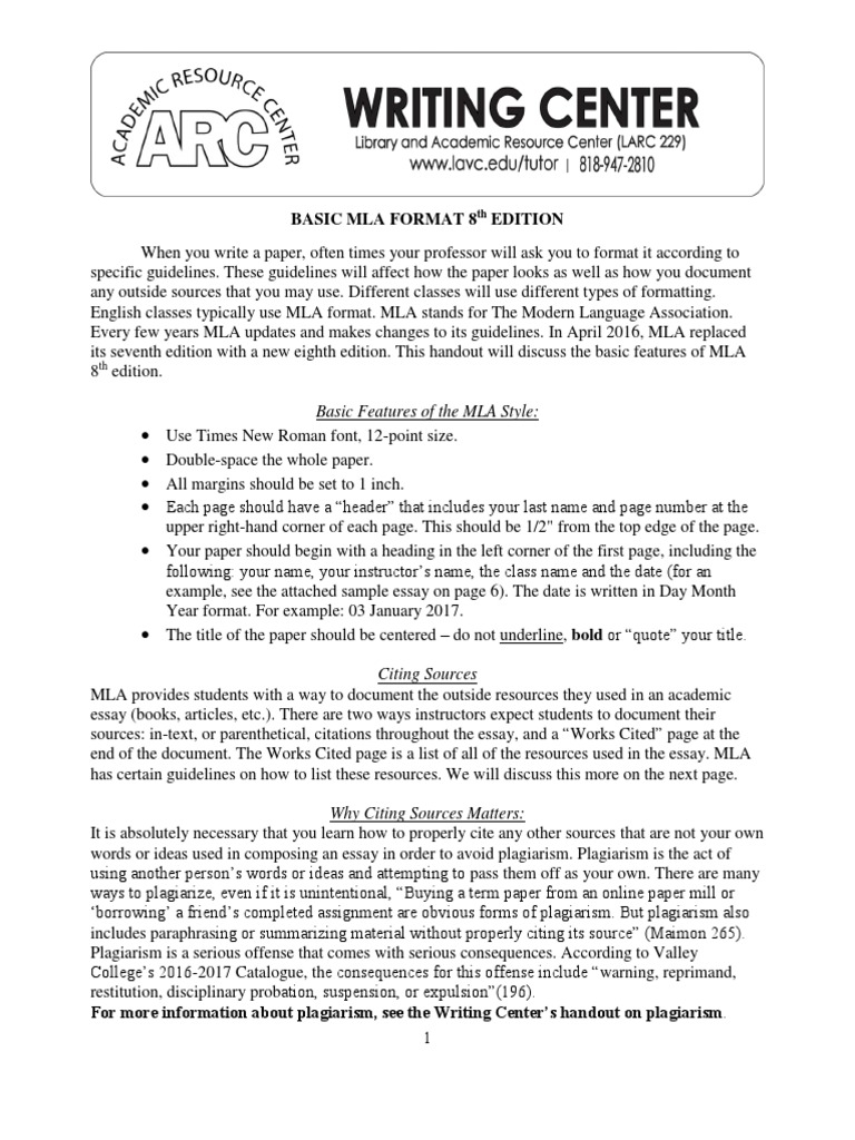 Basic mla format 8th ed citation plagiarism