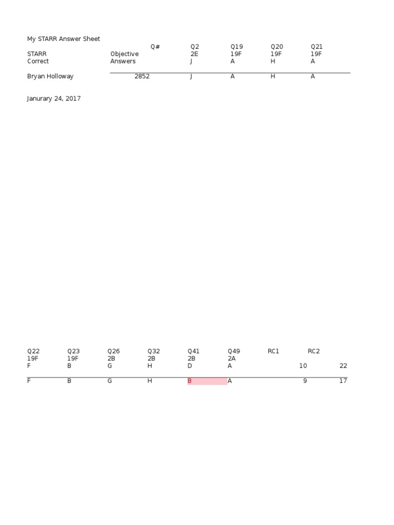 My STARR Answer Sheet Q Q2 Q19 Q20 Q21 Starr Objective 2E 19F 19F 19F