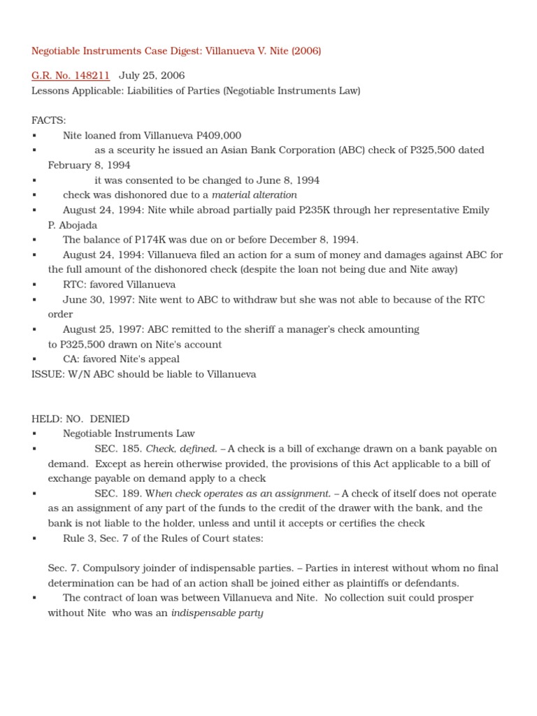 Villanueva V. Nite (2006) Material Alteration of a Check Renders Bank