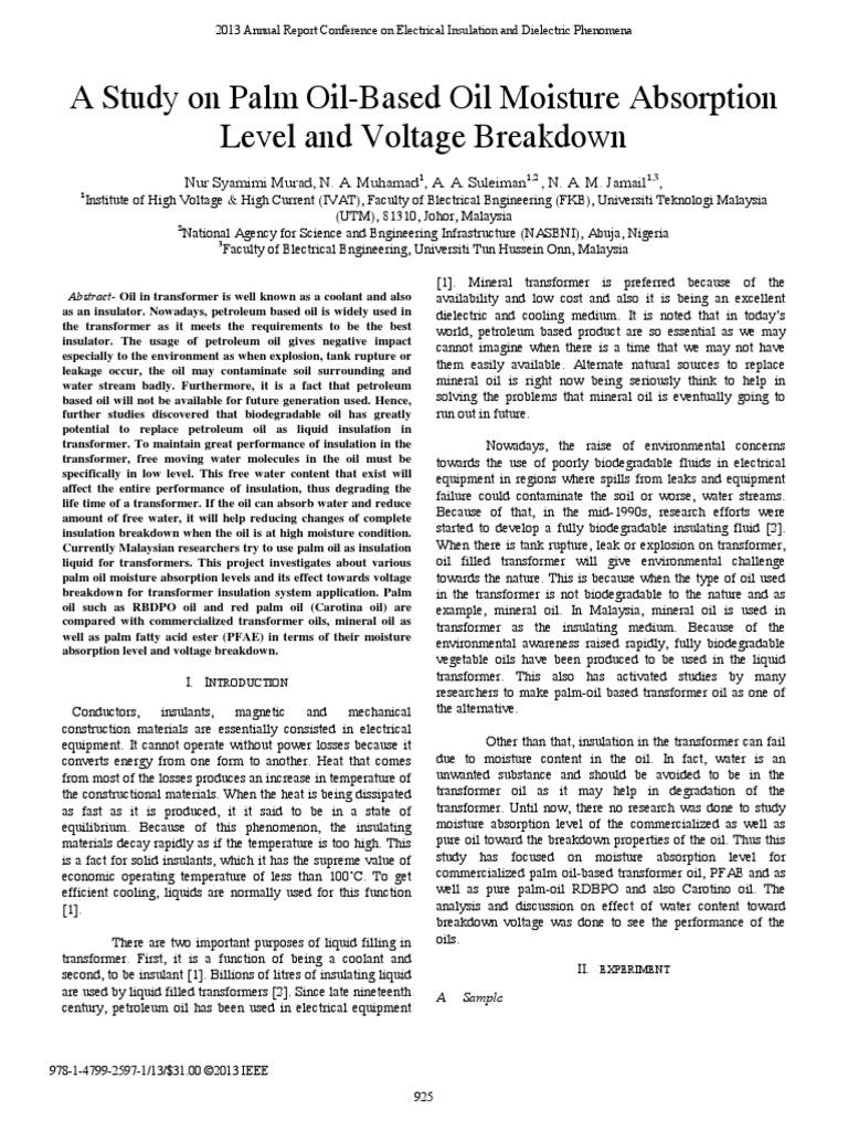 A Study On Palm OilBased Oil Moisture Absorption Level and Voltage