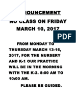 Announcement No Class On Friday MARCH 10, 2017