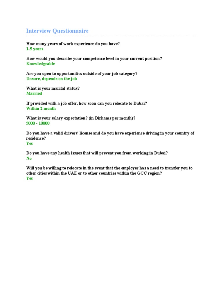 Interview Questionnaire: 1-5 Years Knowledgeable Unsure, Depends On The ...