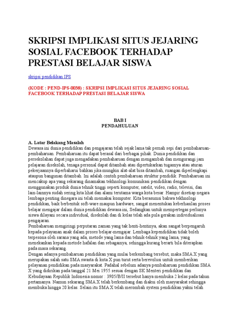 Skripsi Implikasi Situs Jejaring Sosial Facebook Terhadap Prestasi Belajar Siswa