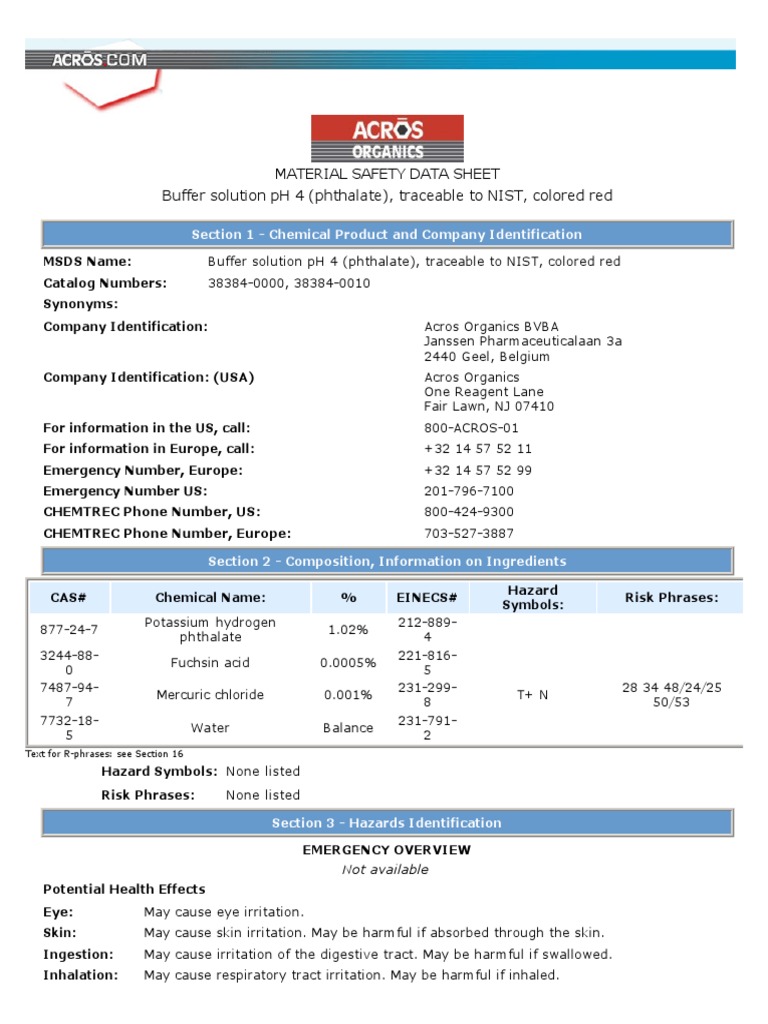 Material Safety Data Sheet Buffer solution pH 4 (phthalate), traceable