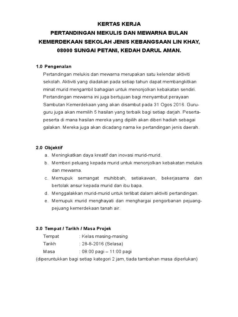 Kertas Kerja Pertandingan Melukis Dan Mewarna Bulan Kemerdekaan Pdf