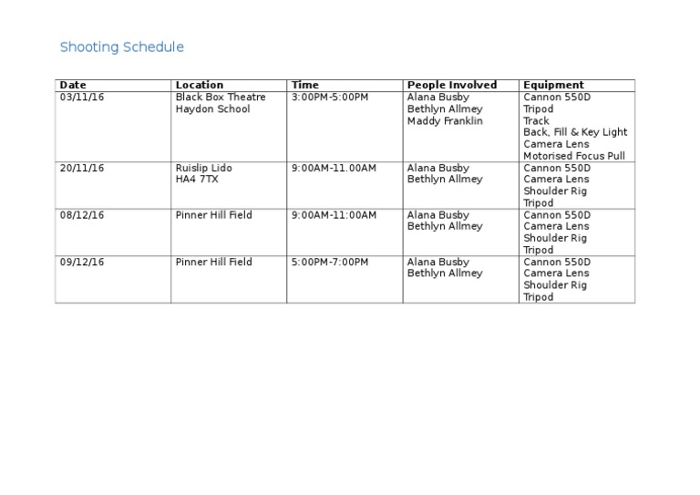 Film Shooting Schedule Details | PDF