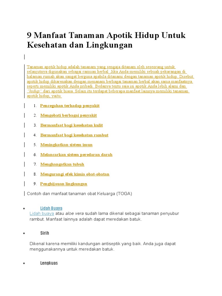 9 Manfaat Tanaman Apotik Hidup Untuk Kesehatan Dan Lingkungan