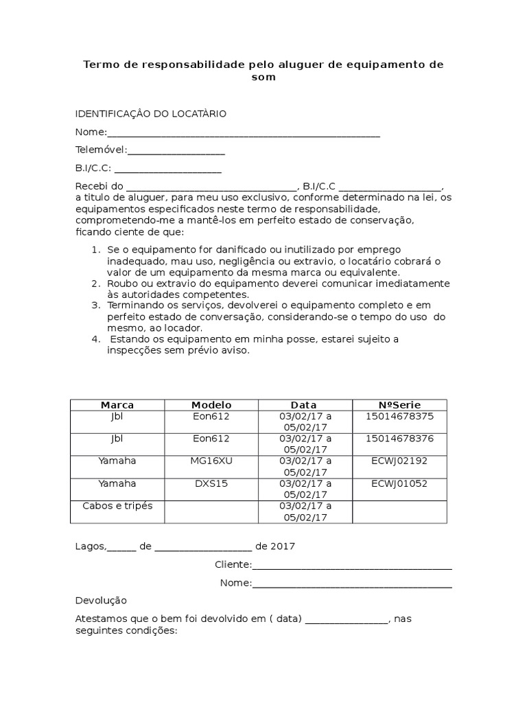 Termo de Responsabilidade Pelo Aluguer de Equipamento de Som