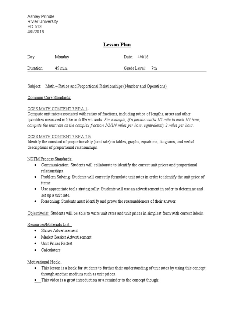 7th Grade Unit Rates Lesson Plan | PDF | Ratio | Educational Assessment
