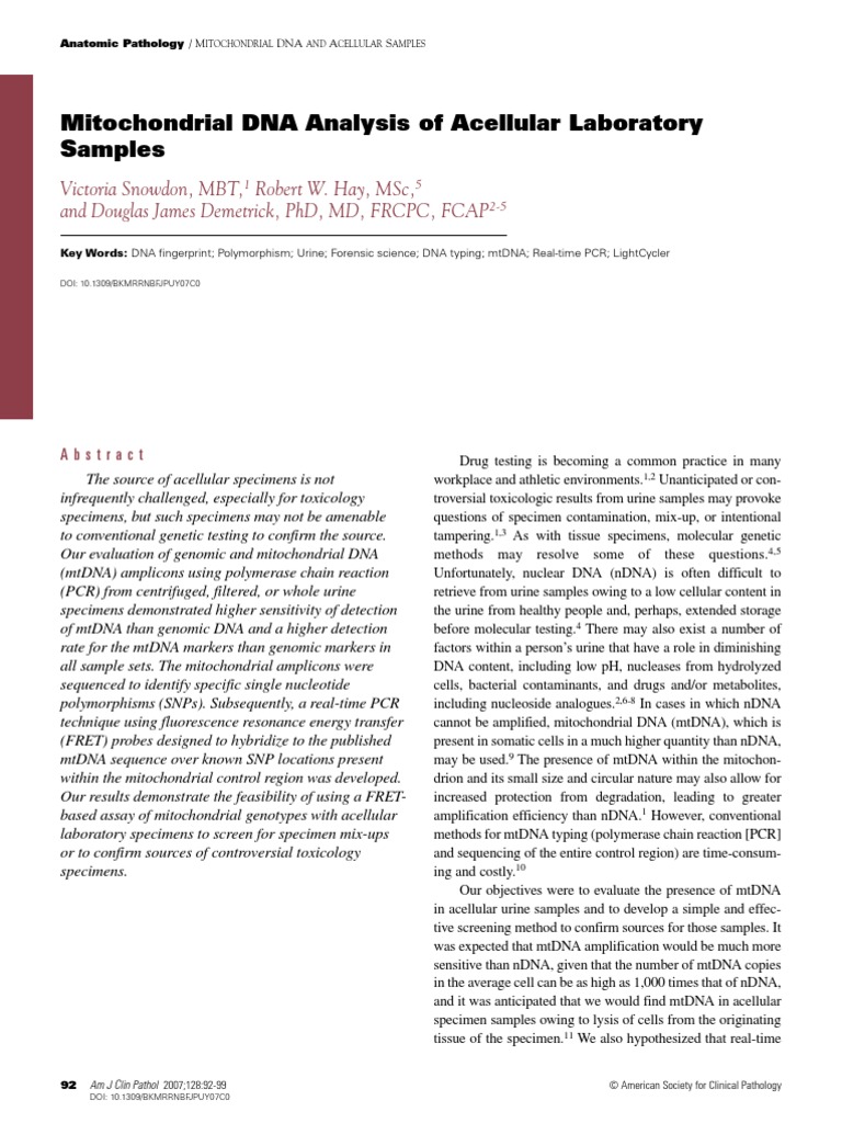 Mitochondrial DNA Analysis of Acellular Laboratory Samples | PDF ...