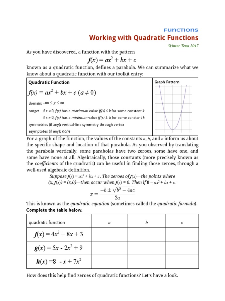 Workingwithquadraticfunctionsw2017  Quadratic Equation 