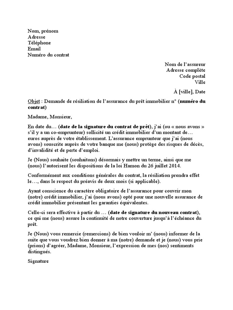 exemple de lettre de résiliation