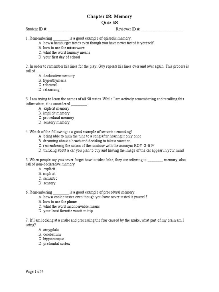 ch08 - memory - quiz | Memory | Recall (Memory)