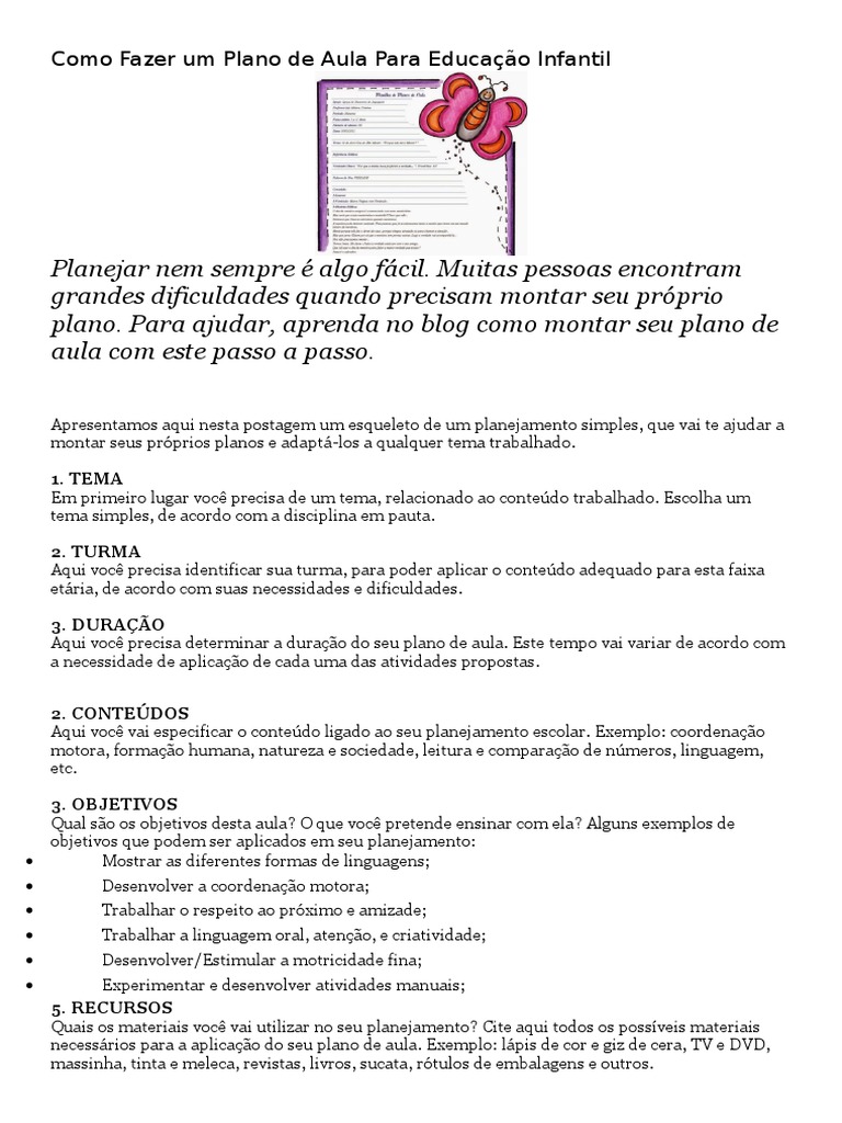 Exemplo De Plano De Aula Educação Infantil