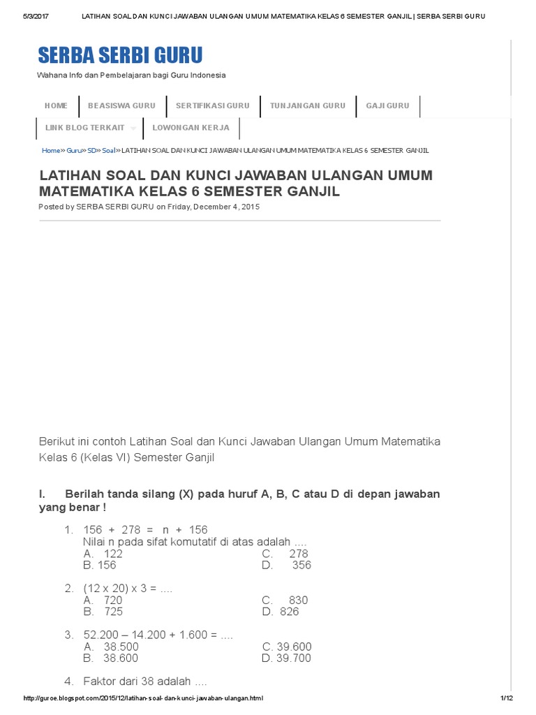 Latihan Soal Dan Kunci Jawaban Ulangan Umum Matematika