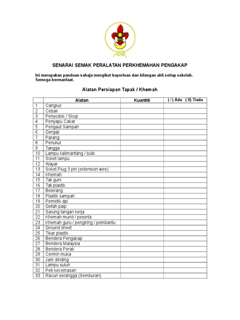 Senarai Semak Peralatan Perkhemahan Pengakap  PDF
