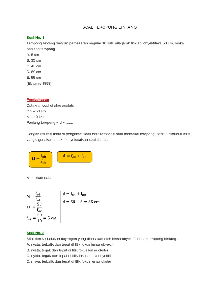 Soal Dan Pembahasan Teropong Bintang