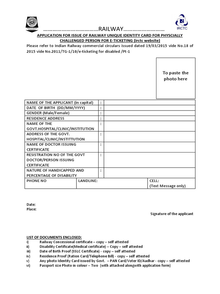 Railway Unique Identity Card for Physcially Challenged Person for E