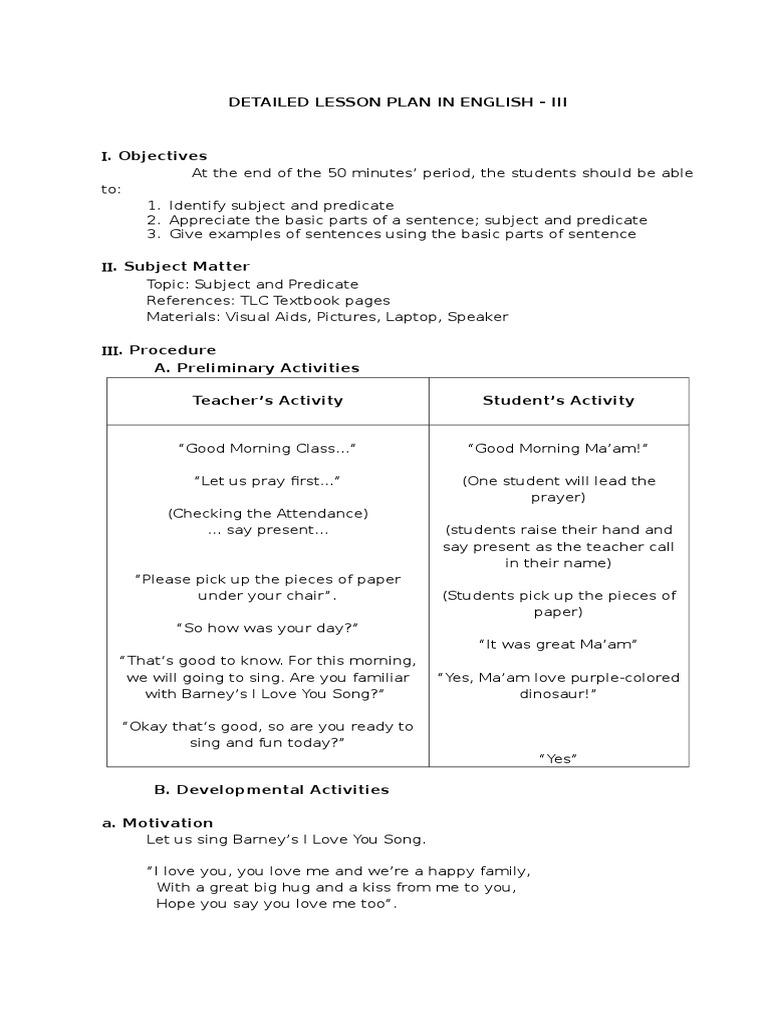Lesson Plan Final Demo Predicate Grammar Lesson Plan