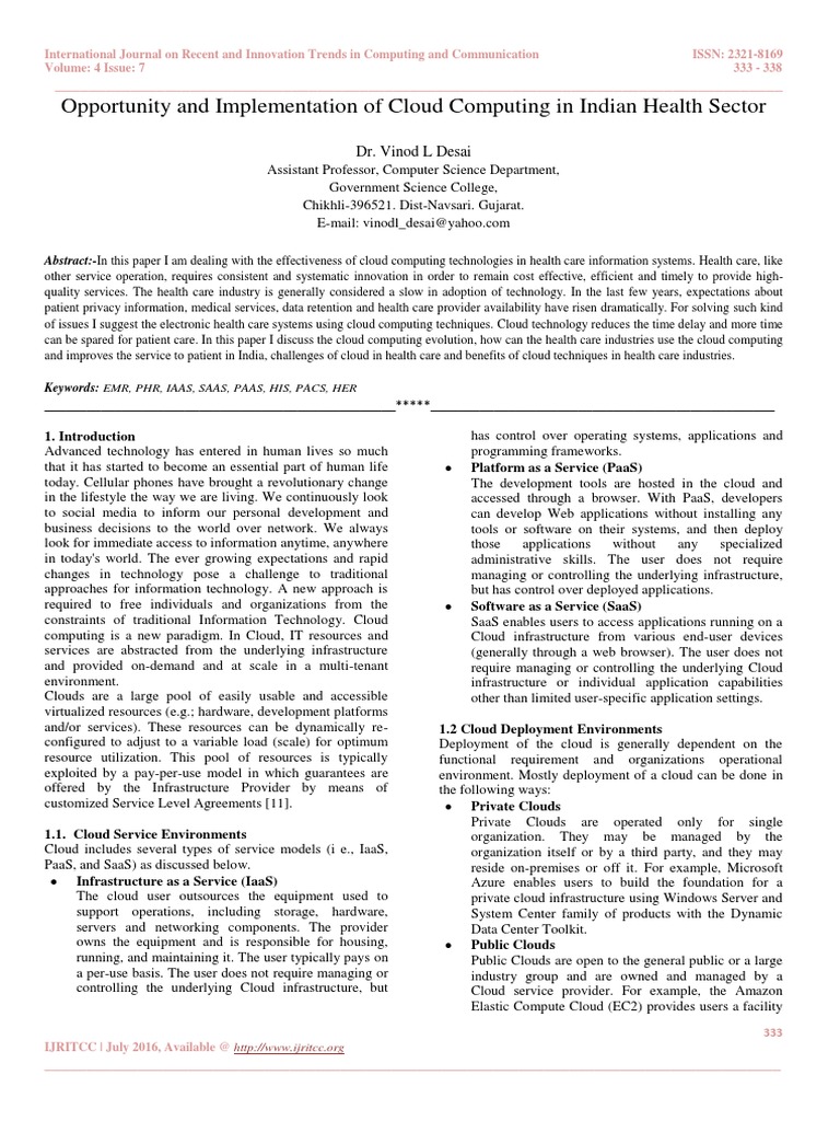 Opportunity and Implementation of Cloud Computing in Indian Health ...