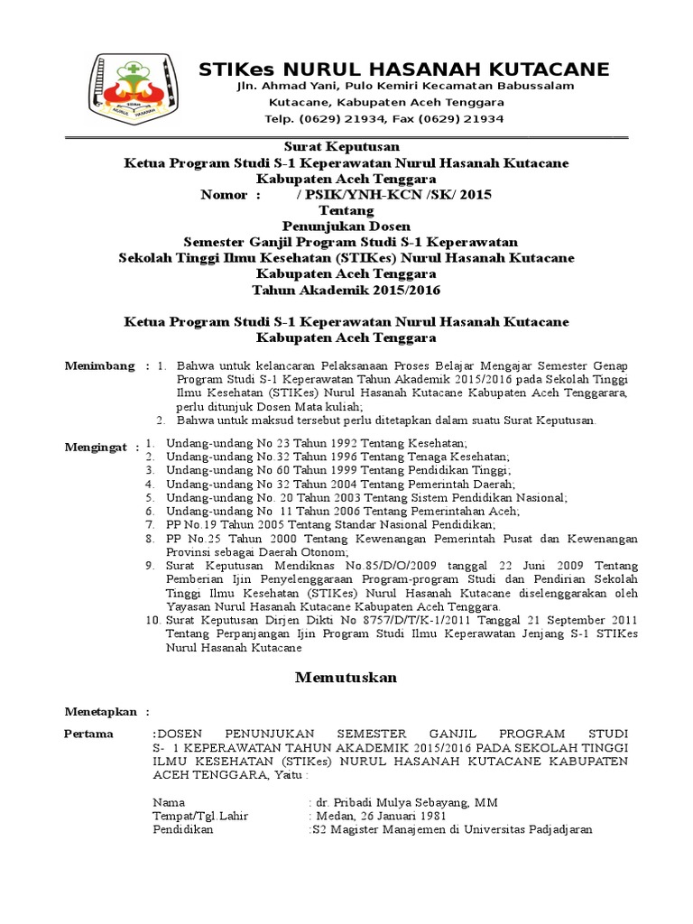 Sk Mengajar Dosen Tetap S Kep Semester Ganjil 2015 2016