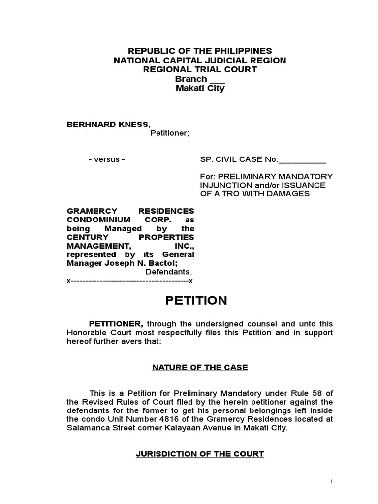 Petition For Mandatory Injunction-Bernard Knees | PDF | Injunction ...