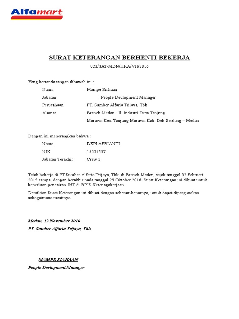 Surat Referensi Kerja Alfamart