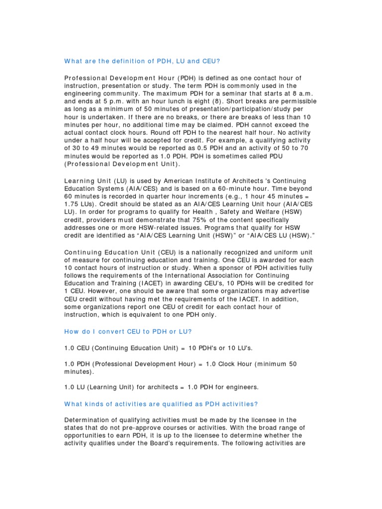 Professional Development Hour (PDH) Is Defined As One Contact Hour of