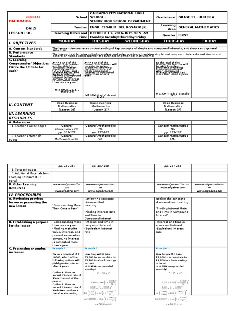 Gen Math HUMMS Daily Lesson Log | PDF | Compound Interest | Interest