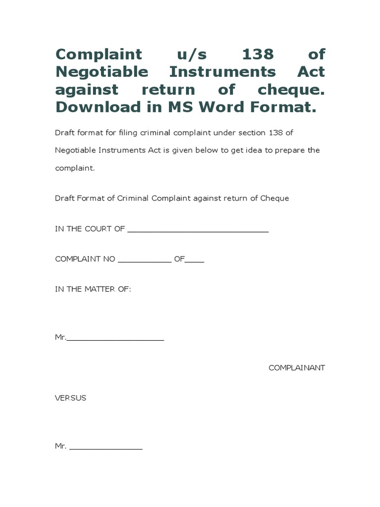 Complaint Us 138 of Ni Act in Ms Word Format Against Return of Cheque