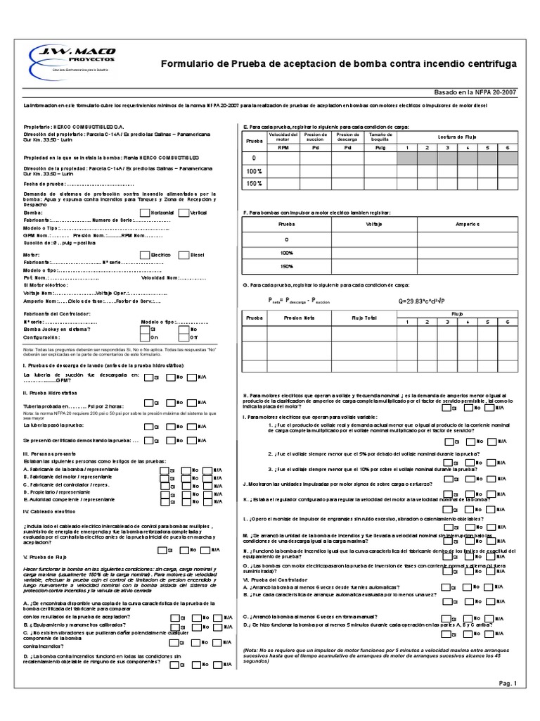 Formulario de prueba de aceptacion de bomba contra incendio centrifufa ...