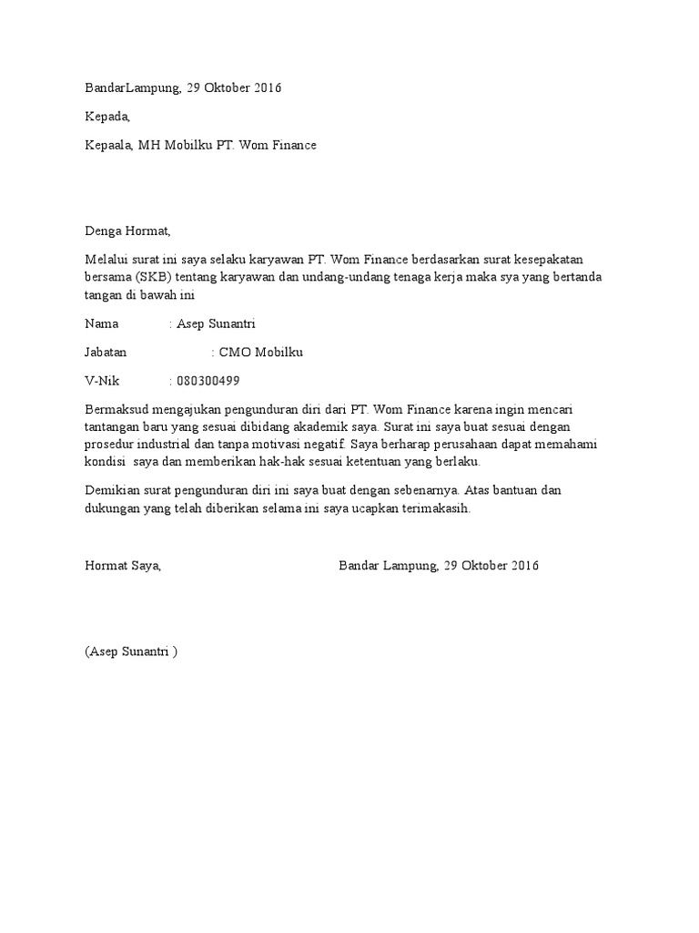 Surat Resign Contoh Surat Pengunduran Diri Kerja atau Resigndocx.