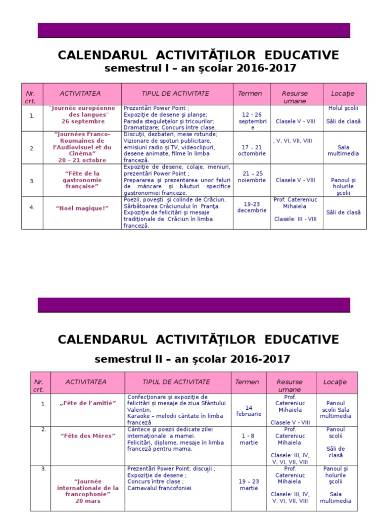 Calendar Activitati Educative Lb. Franceza