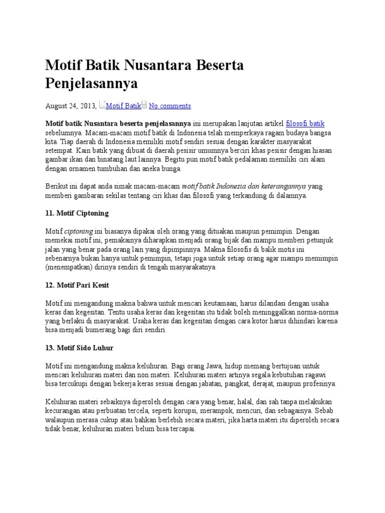 Motif Batik Nusantara Beserta Penjelasannya | PDF