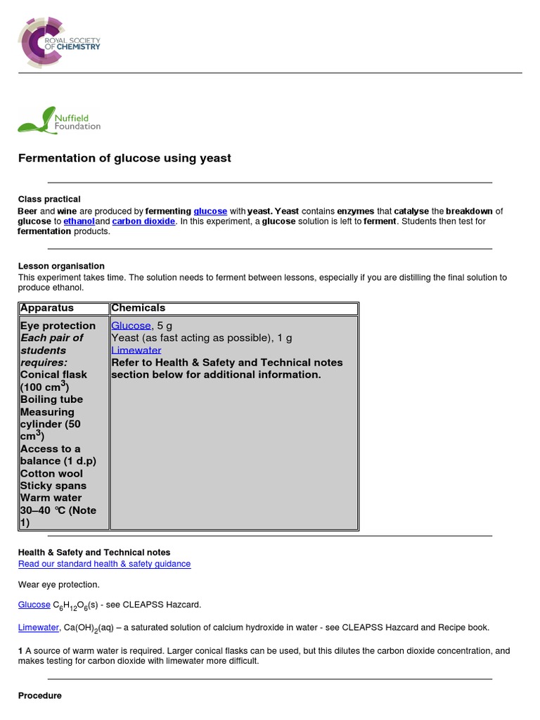 Fermentation of Glucose Using Yeast | PDF | Fermentation | Yeast