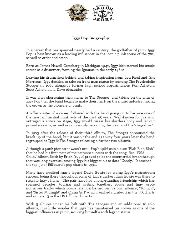 Iggy Pop Biography Final PDF Popular Music Rock Music