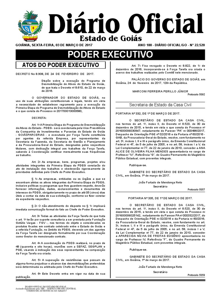 Diário Oficial do Estado de Goiás publica decretos e portarias sobre ...
