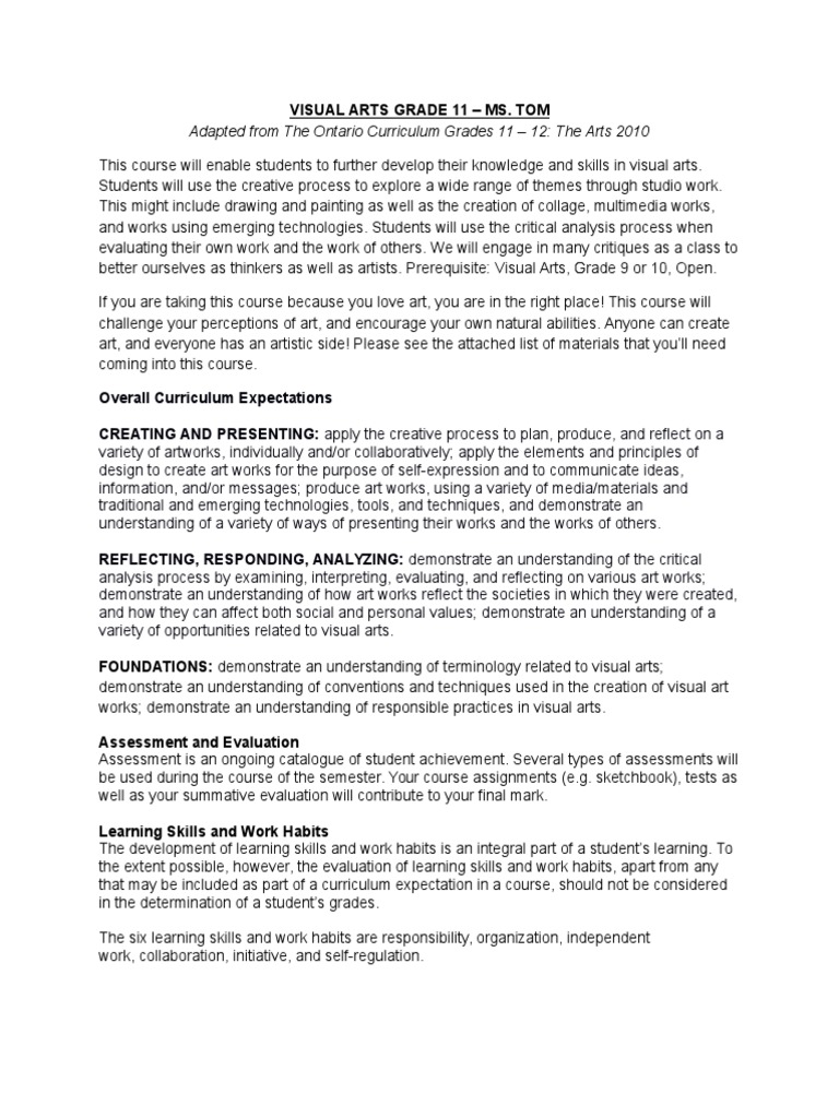 Grade 11 Visual Arts Course Overview | PDF | Educational Assessment ...