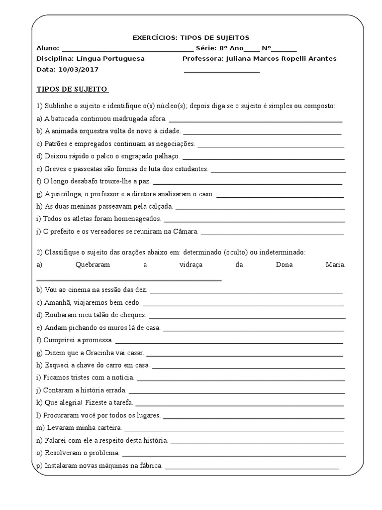 Exercícios Tipos de Sujeito | PDF | Assunto (gramática)