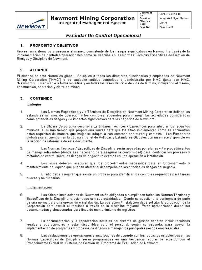 Estándar de Control Operacional Newmont | PDF | Proceso de desarrollo ...