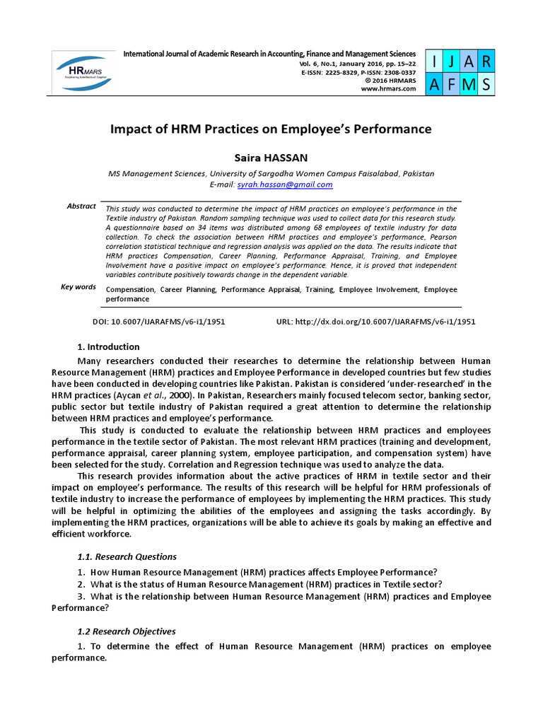 Article 03 Impact of HRM Practices On Employees Performance | PDF ...