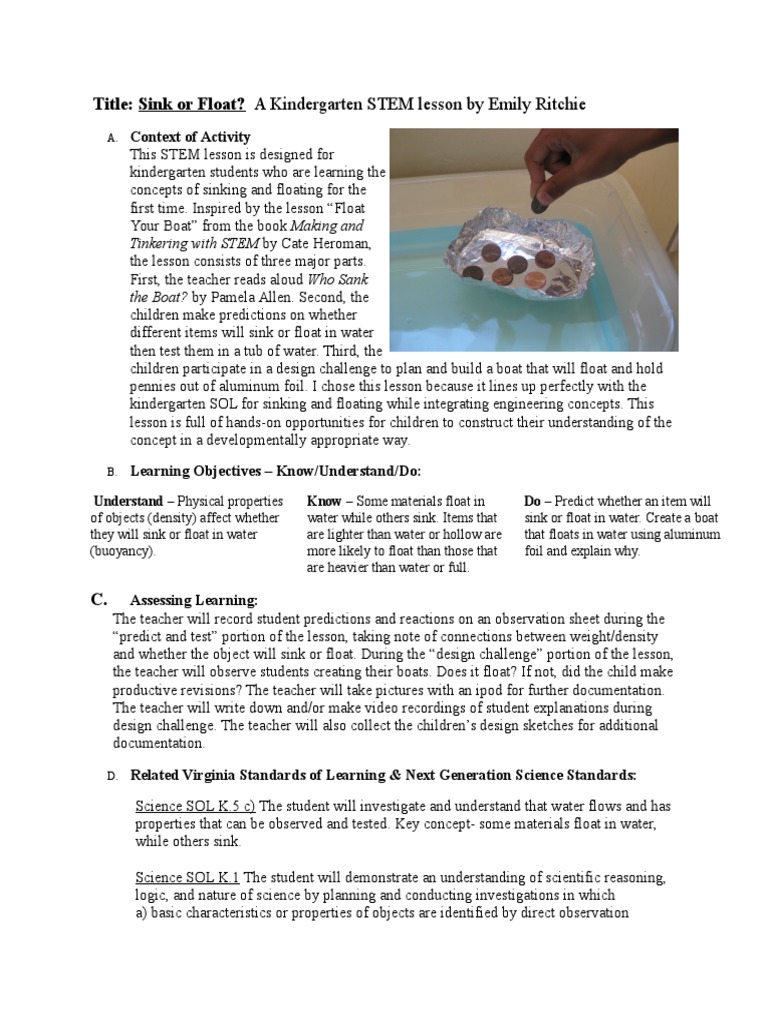 Sink Float Stem Lesson Plan Er Buoyancy Observation