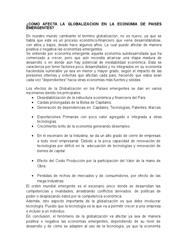 Impacto de la Globalización en Economías Emergentes | PDF